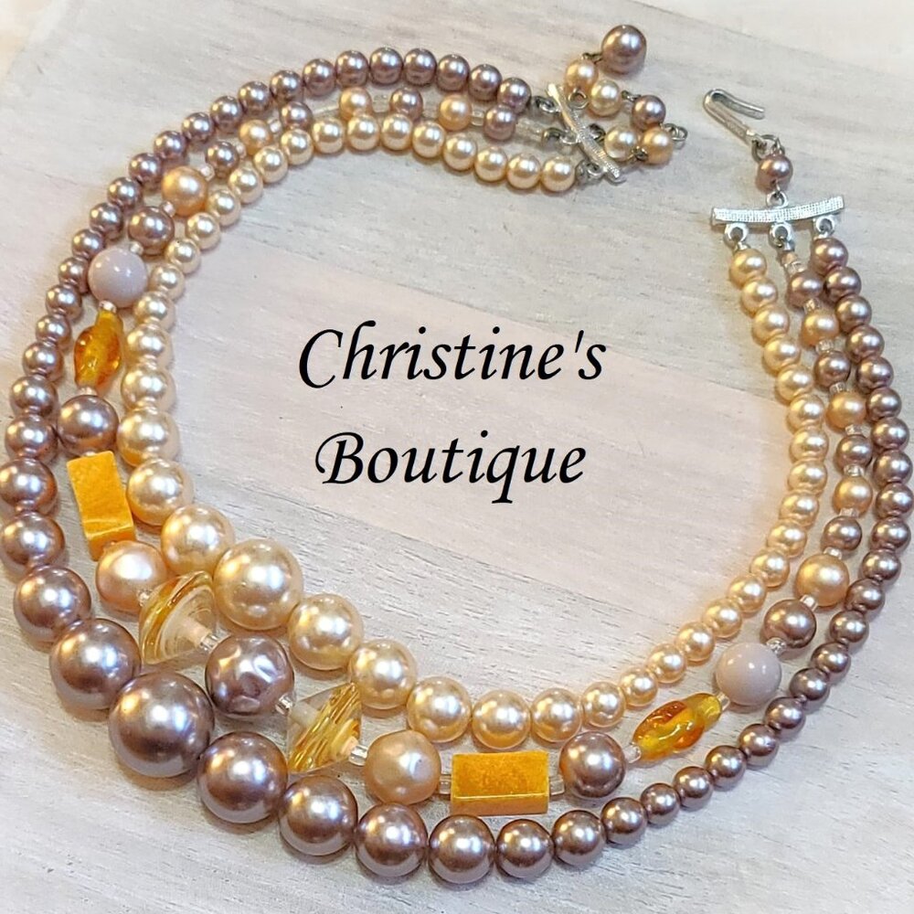 Vintage Gray, beige and orange hues vintage 3 strand beaded necklace